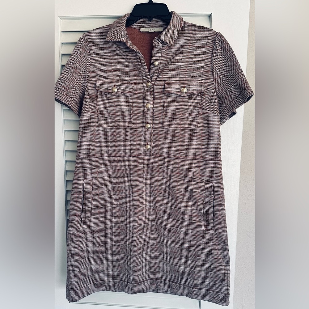 LOFT Checkered Mini Dress - Brown and Cream